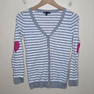 Gap Kids Gray White Striped Cardigan Sweater Heart Elbow Patches Size Large 10